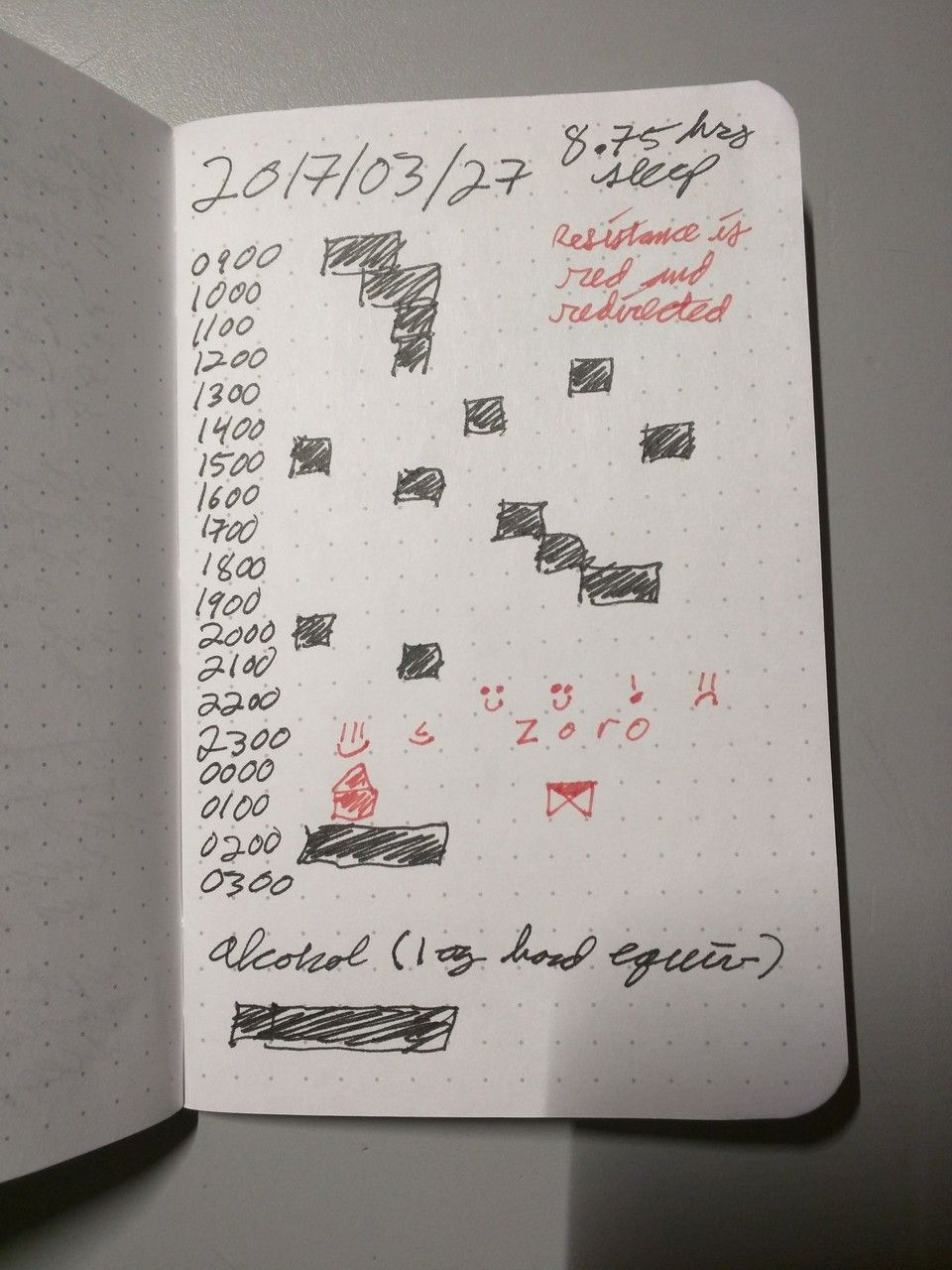 The anti-bad habit notebook with an example day filled out