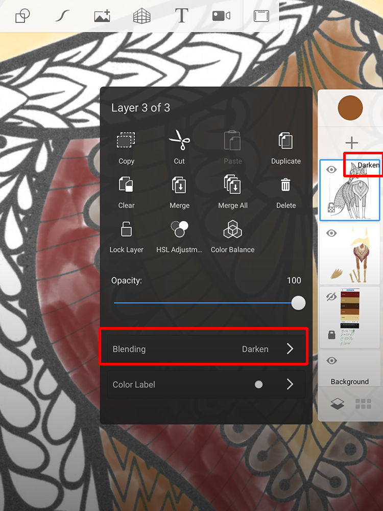 The coloring page layer settings open showing 'Blending' set to 'Darken' and a box around the layer indicator that this has been set and is active.