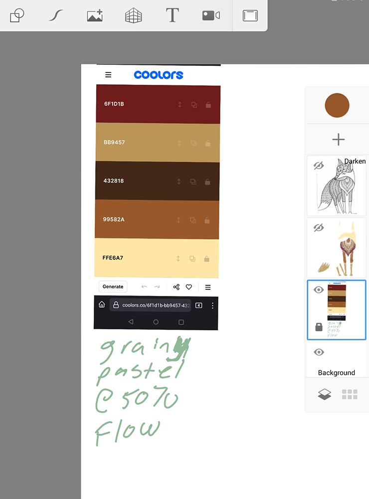 A screen shot of the coolors palatte and which brush+settings I'm using for this coloring page. The image shows this as a dedicated layer that's locked.